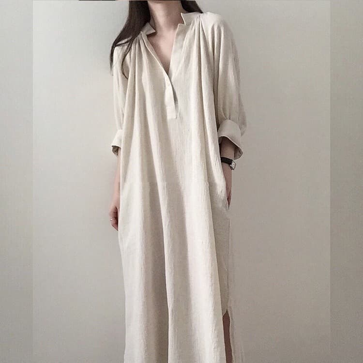 シャツ　レディース リネン素材ゆったりシャツワンピース
