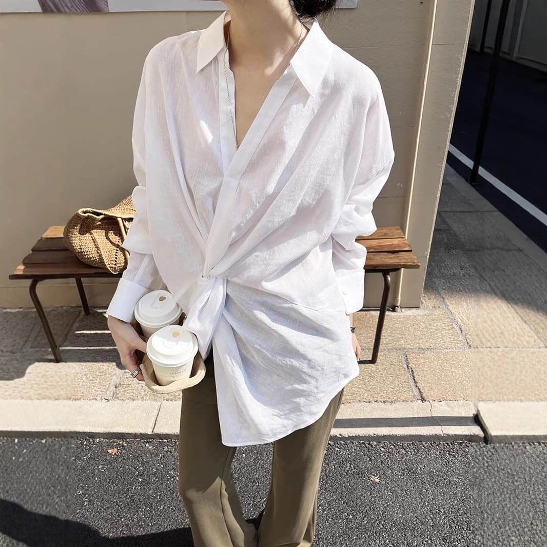 シャツ　レディース ウエストねじりゆったりシャツ