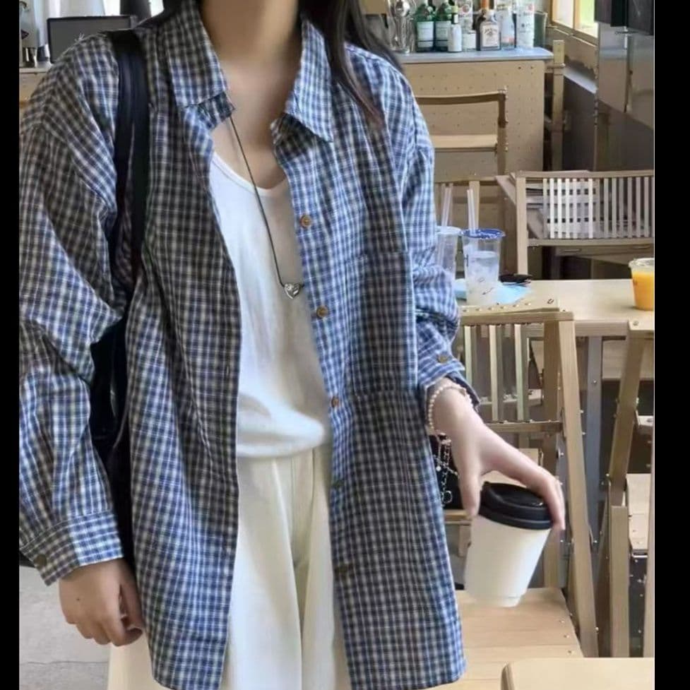 レディースシャツ ゆったりシルエットチェック柄長袖レギュラーカラーシャツ