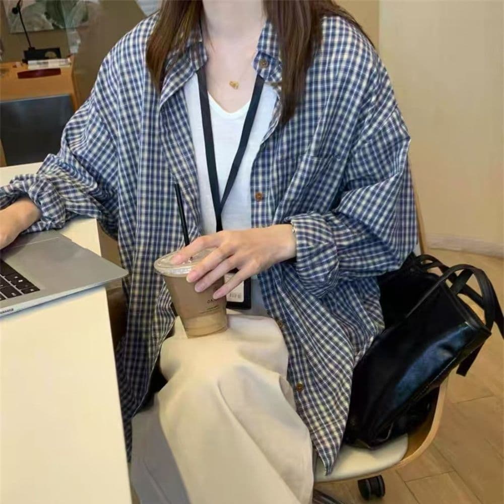 レディースシャツ ゆったりシルエットチェック柄長袖レギュラーカラーシャツ