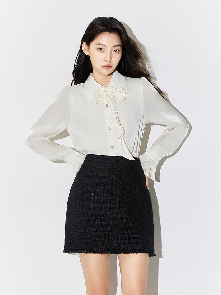 レディースシャツ 優雅なリボン付き開襟シャツ