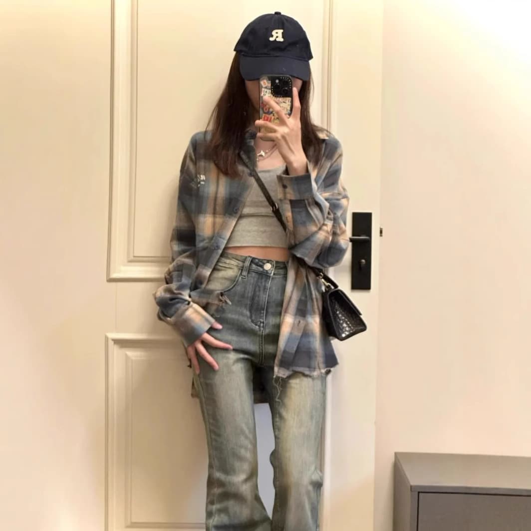 シャツ　レディース ゆるふわチェックシャツ
