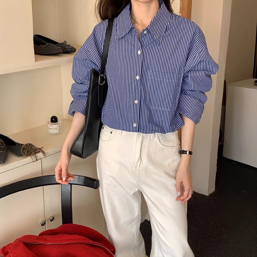 シャツ　レディース ゆったりシルエットクラシカルストライプシャツ