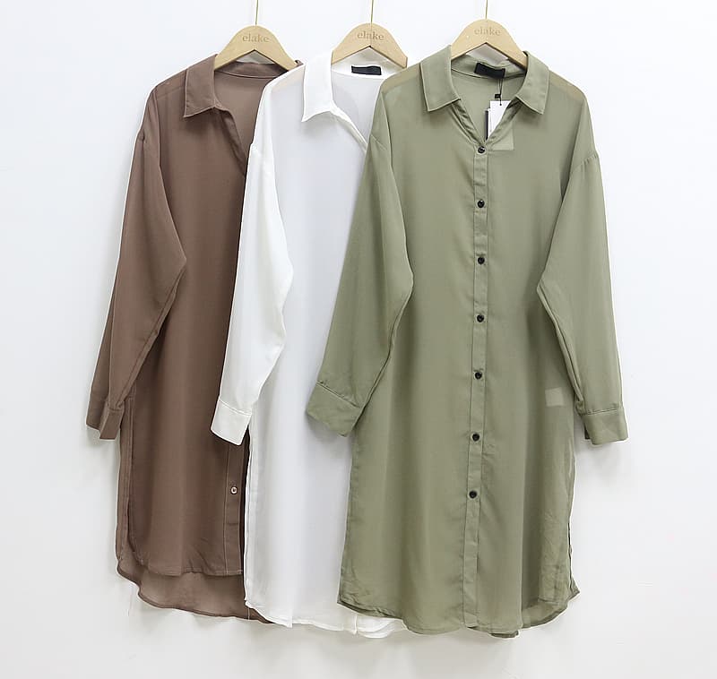 レディースシャツ とろみ素材のロングシャツワンピース