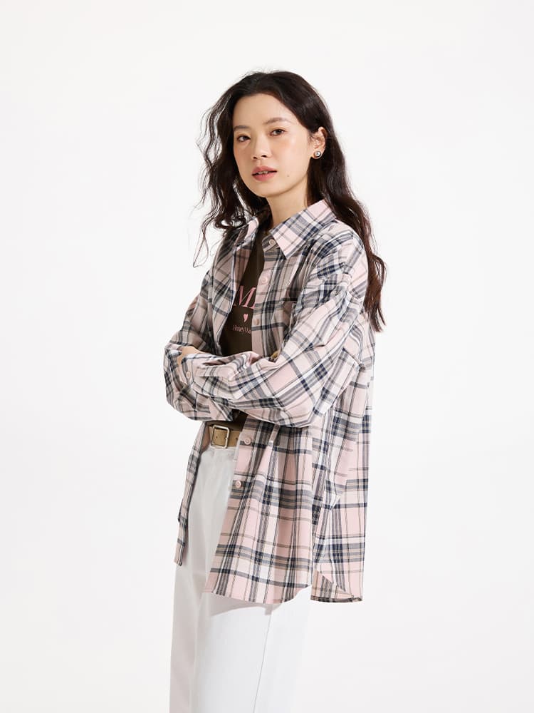 レディースシャツ 優美な格子柄ゆったりシャツ