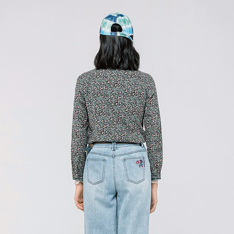シャツ　レディース 小花柄フリルネックシャツ