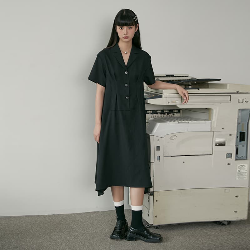 シャツ　レディース こだわり襟付きミドル丈シャツワンピース