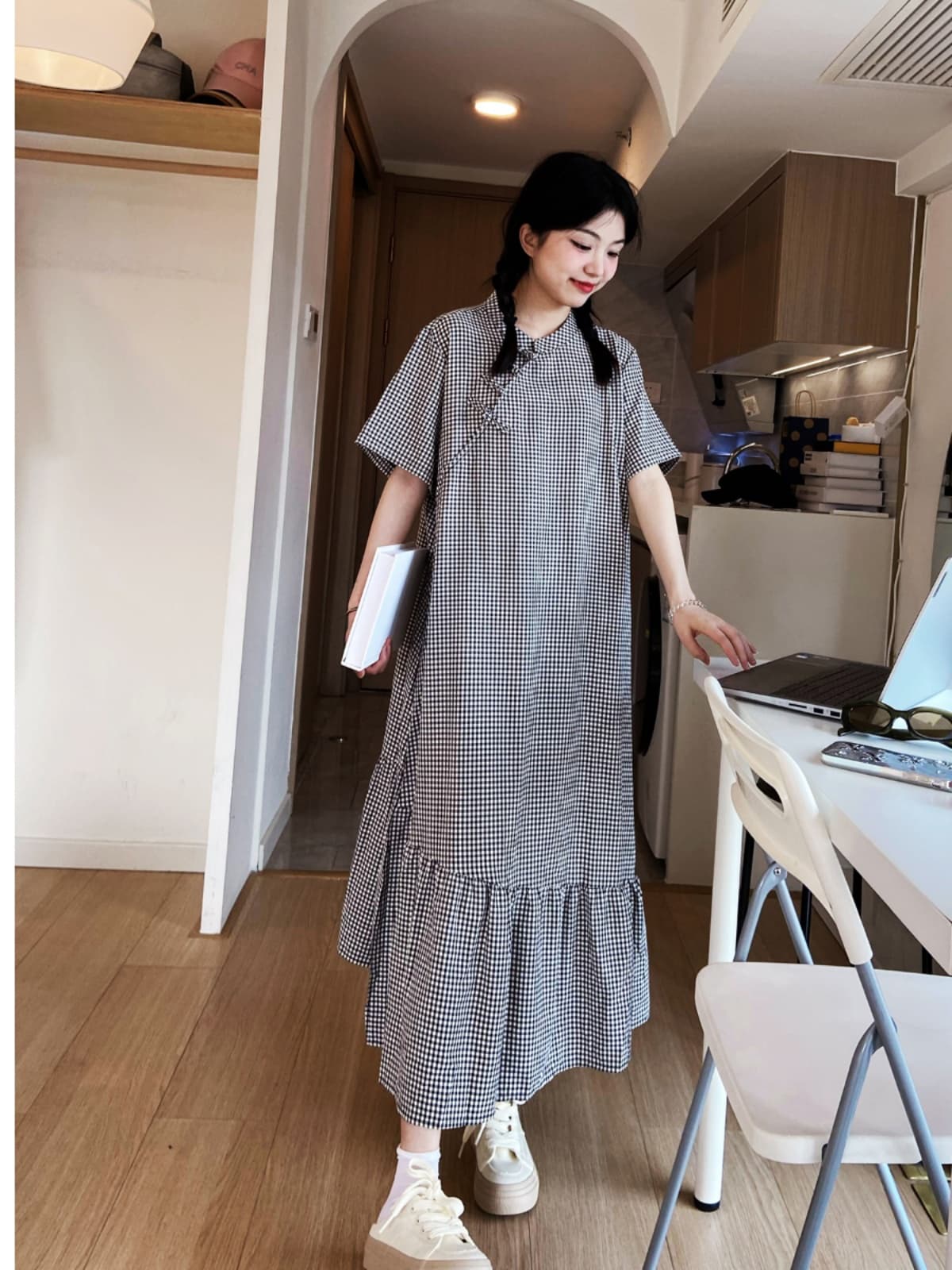 レディースシャツ 格子柄ゆったりマキシシャツワンピース