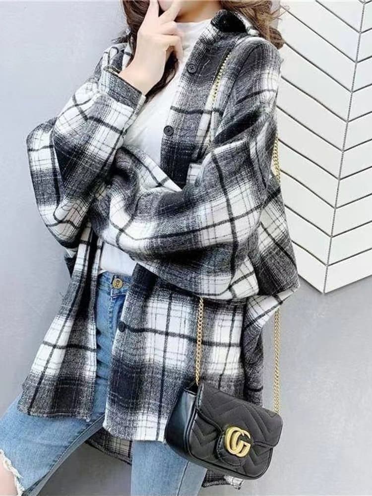 レディースシャツ 秋冬温かみ格子柄きれいめシャツ