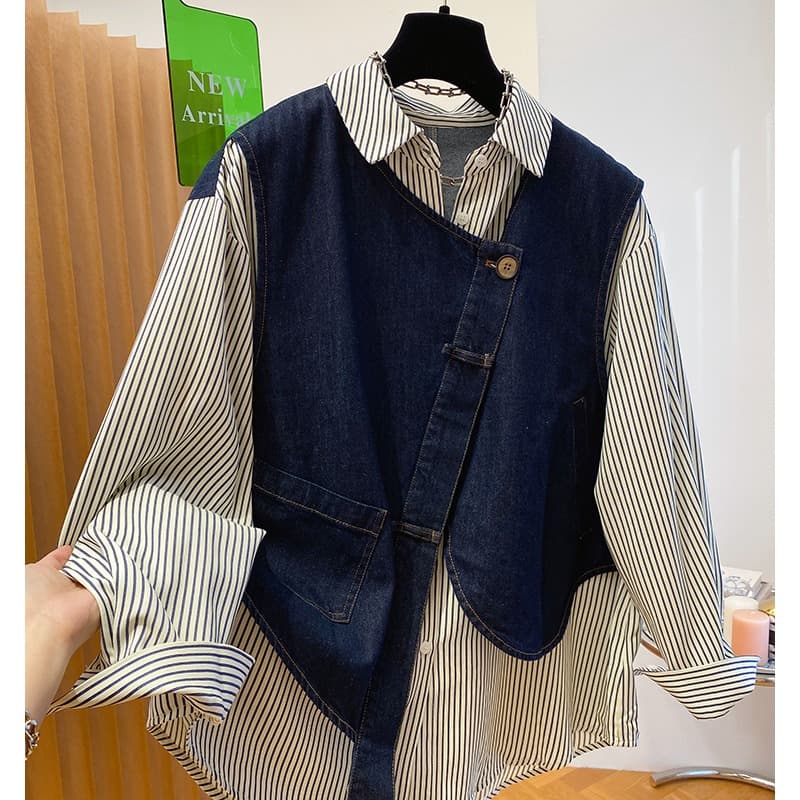 シャツ　レディース アシンメトリーデニムベスト×ストライプシャツセット