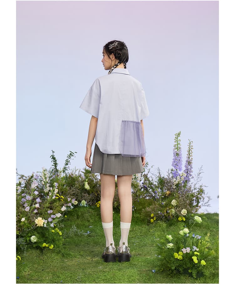 レディースシャツ 花刺繍チュール裾ふんわり開襟シャツ