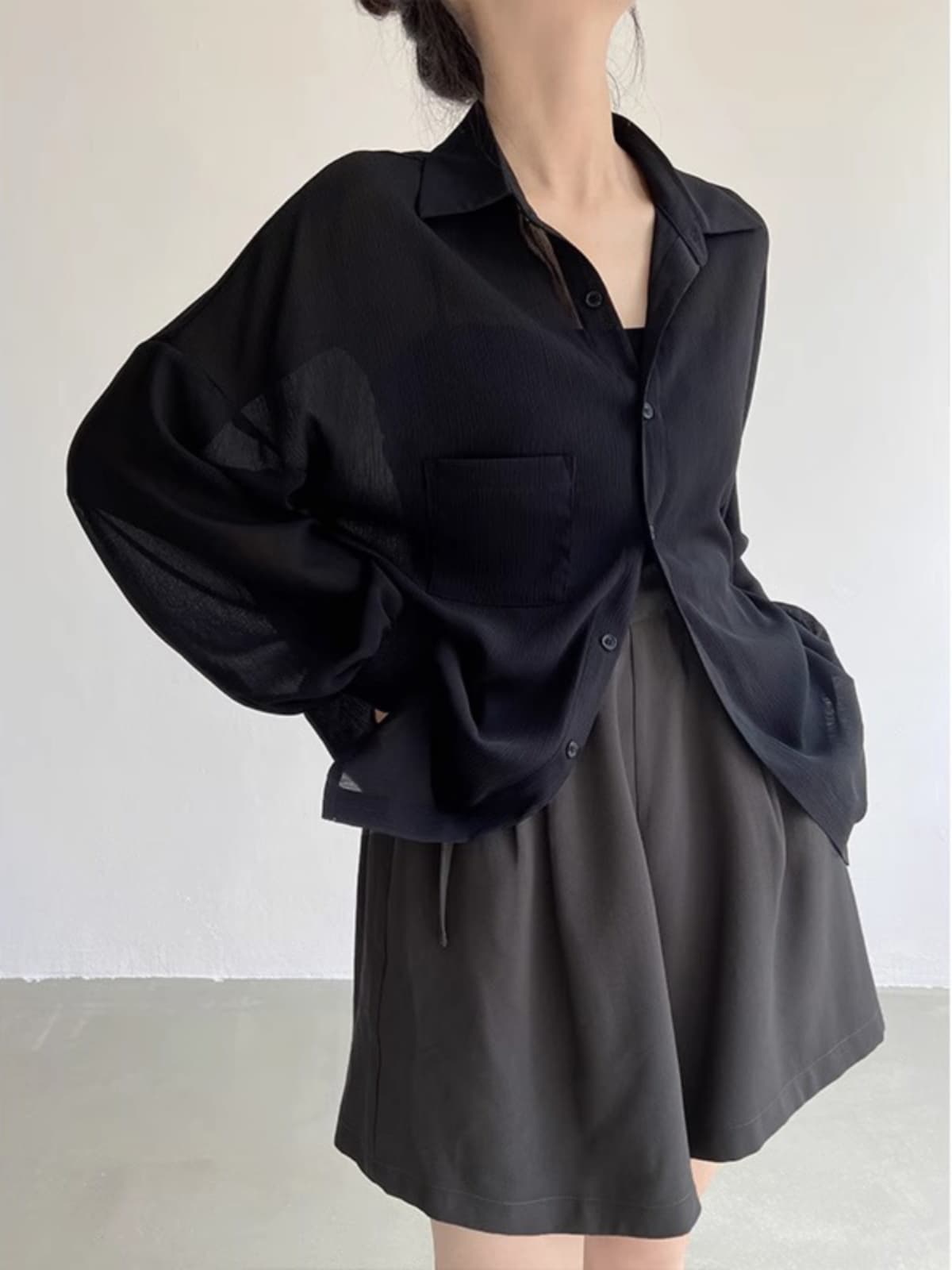 レディースシャツ 透け感シアーオーバーサイズシャツ