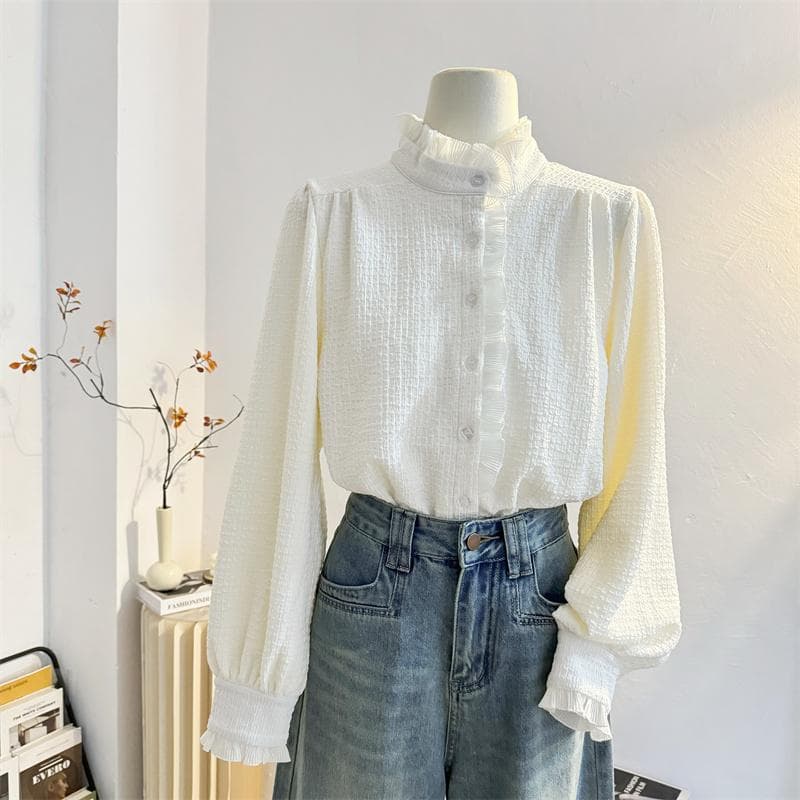 シャツ　レディース シンプル スタンドカラー フリル袖 ブラウス