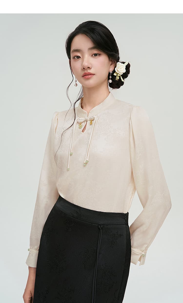 レディースシャツ 優美な花結び スタンドカラーブラウス