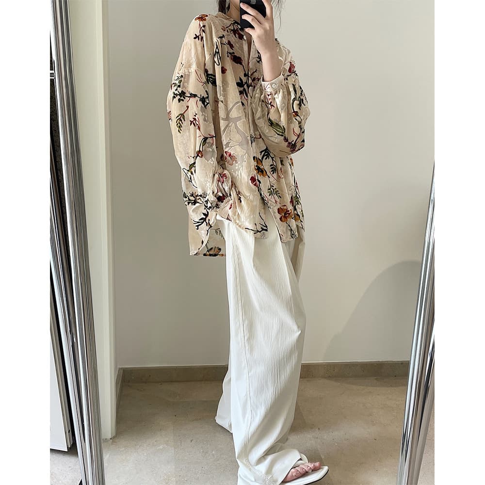 シャツ　レディース 優美な花柄シフォンブラウス