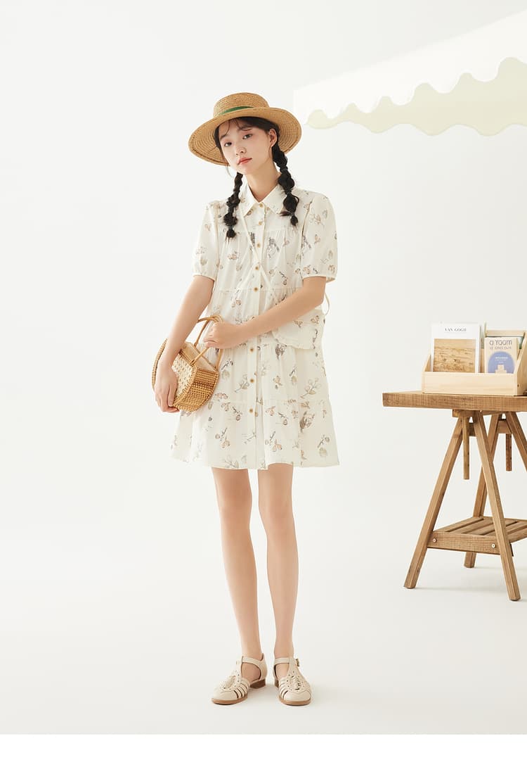 レディースシャツ 優美な花柄ティアードシャツワンピース