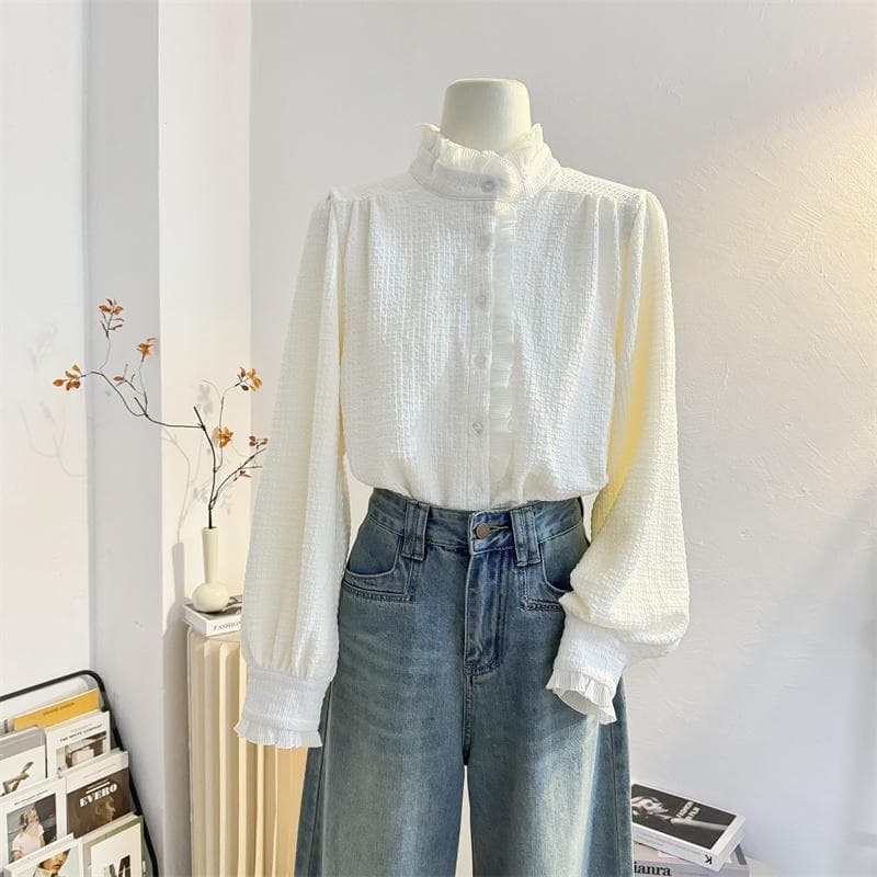 シャツ　レディース シンプル スタンドカラー フリル袖 ブラウス
