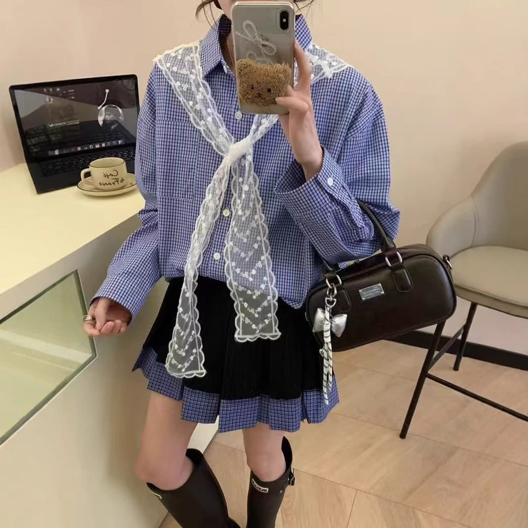 シャツ　レディース ゆったりチェックシャツ レース飾り付き