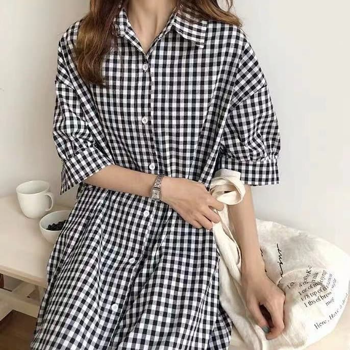 シャツ　レディース チェック柄シャツワンピース ギャザーロング丈