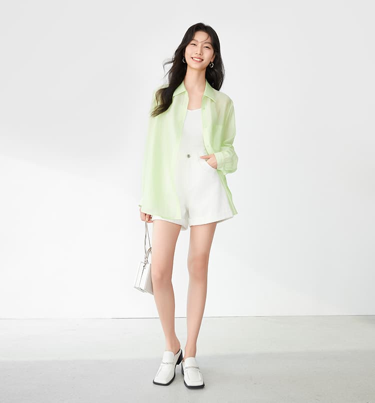 レディースシャツ 透け感シアー素材 長袖開襟シャツ