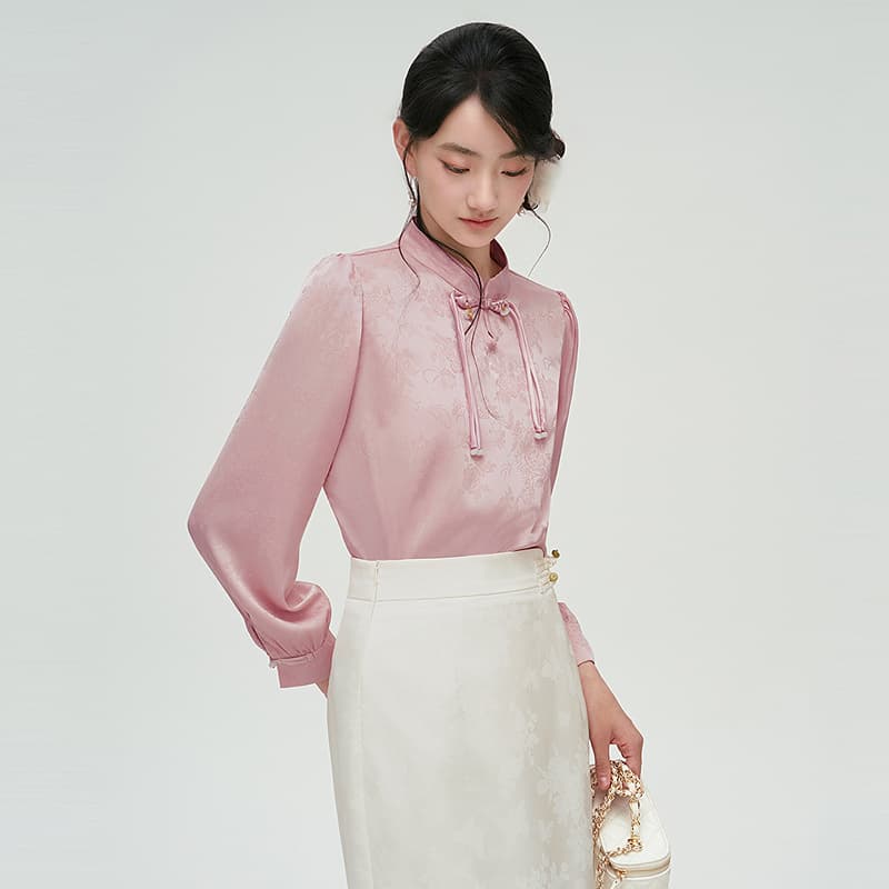 レディースシャツ 優美な花結び スタンドカラーブラウス