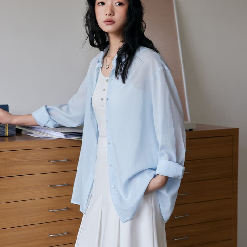 シャツ　レディース なめらかリネンロングシャツ