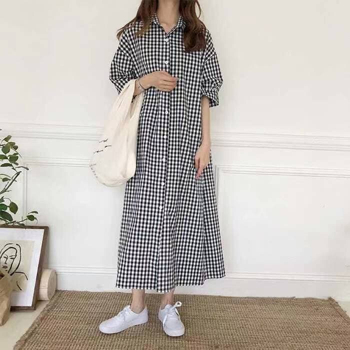 シャツ　レディース チェック柄シャツワンピース ギャザーロング丈