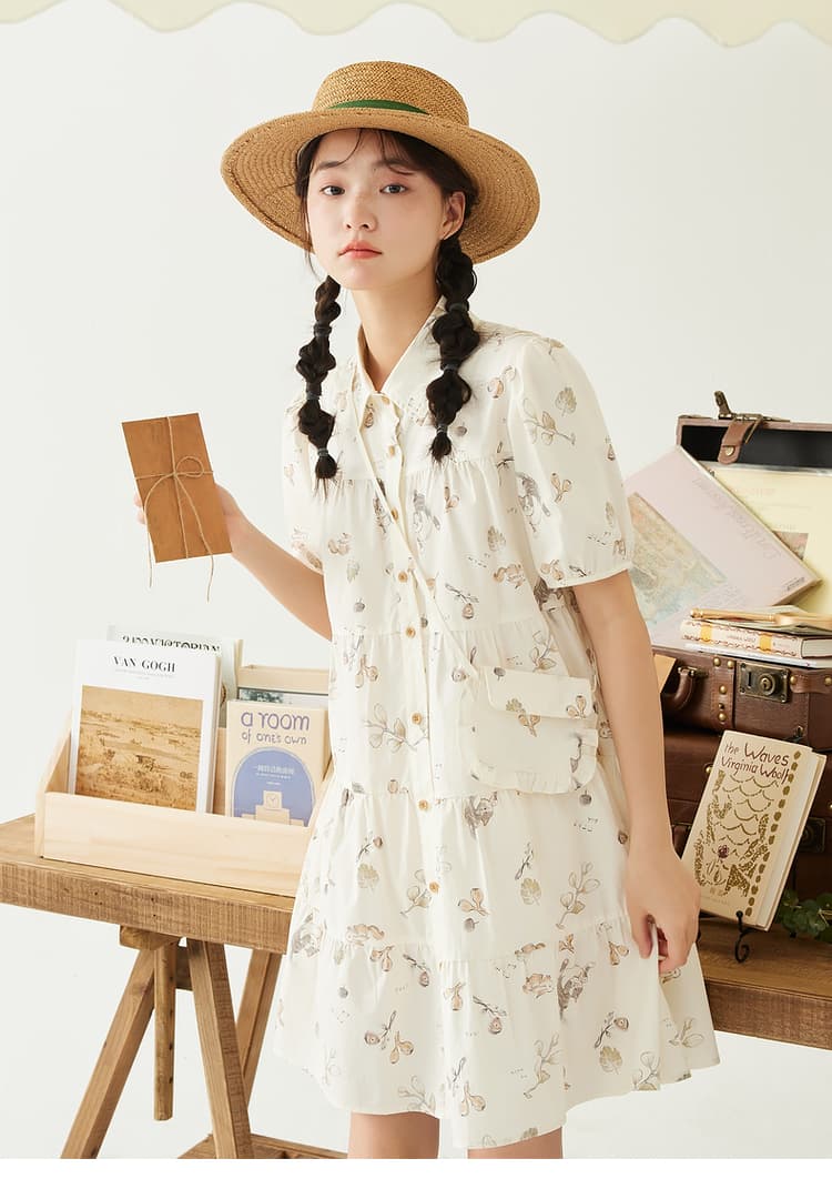 レディースシャツ 優美な花柄ティアードシャツワンピース