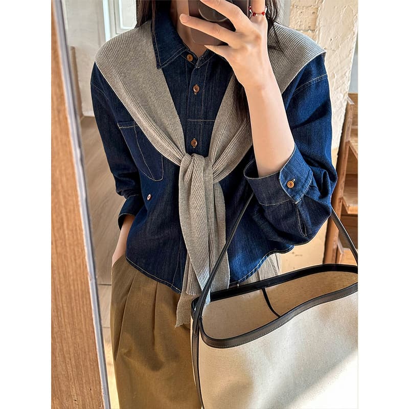 シャツ　レディース デニムシャツ ボレロ風 レディース リボン　フォーマル
