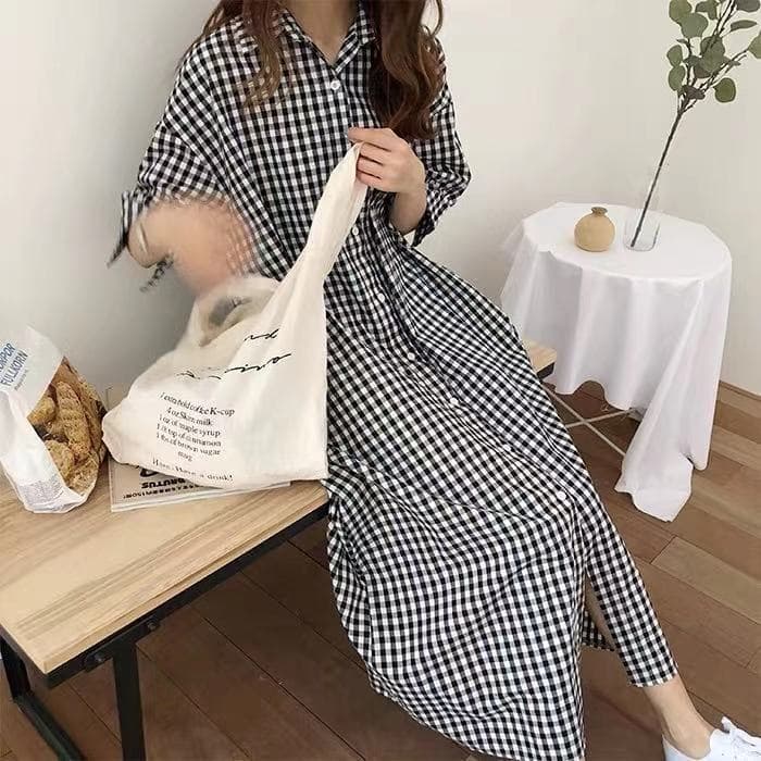 シャツ　レディース チェック柄シャツワンピース ギャザーロング丈