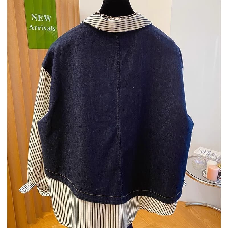 シャツ　レディース アシンメトリーデニムベスト×ストライプシャツセット