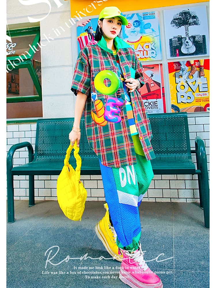 レディースシャツ ポップアートチェック柄シャツ