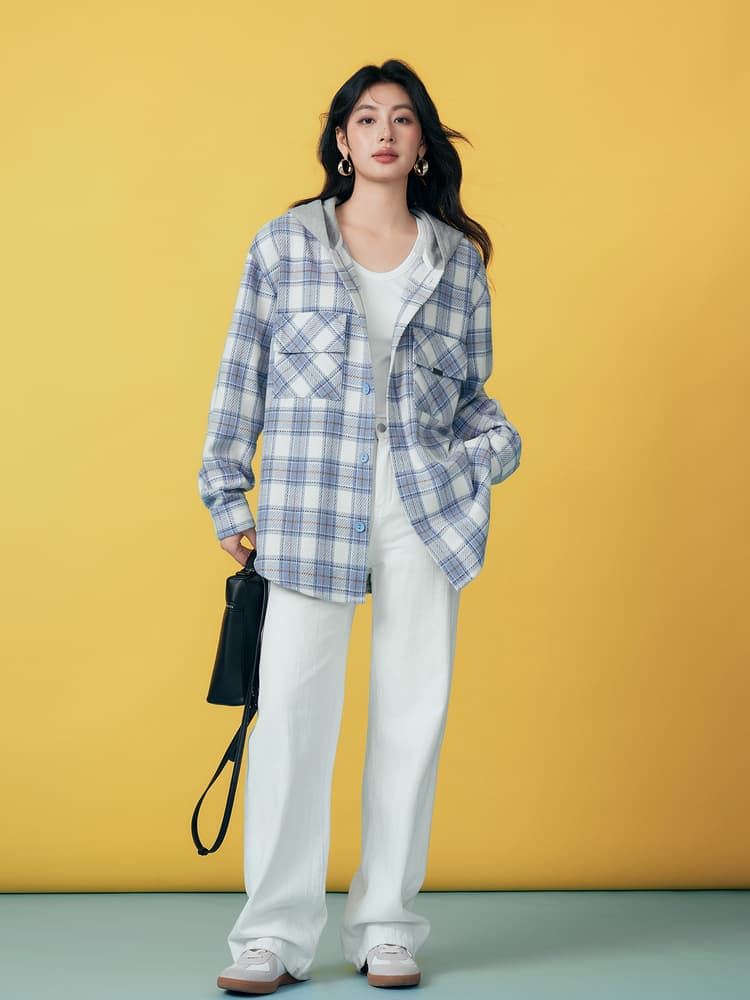 シャツ　レディース ゆったりシルエット フード付きチェックシャツ