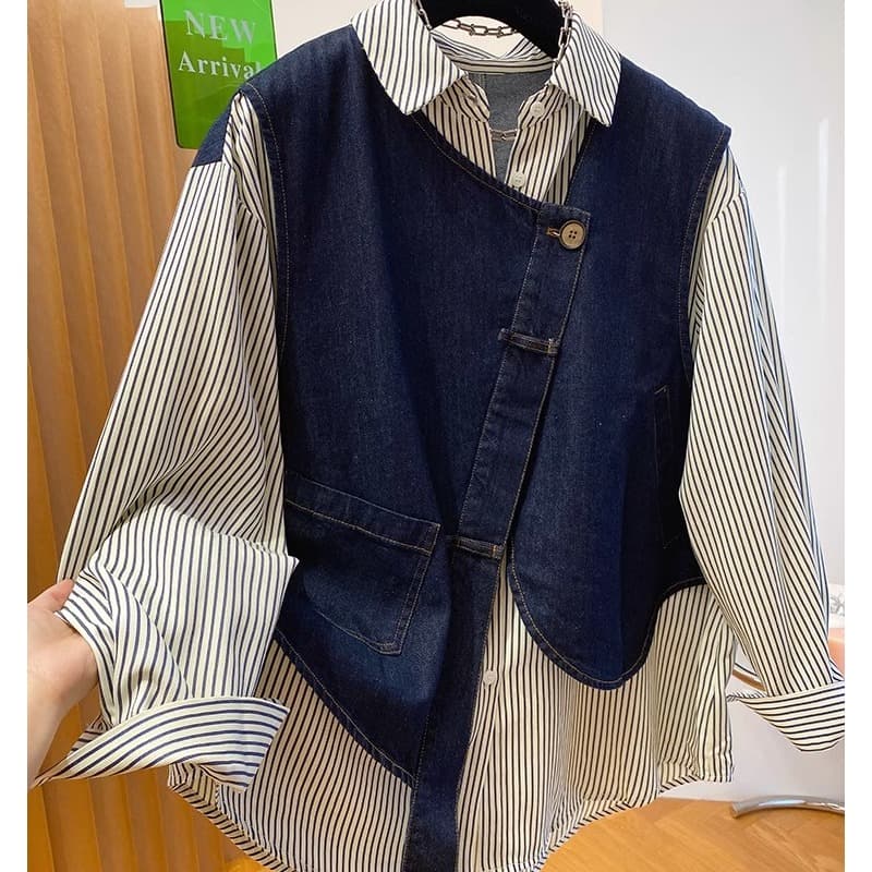 シャツ　レディース アシンメトリーデニムベスト×ストライプシャツセット
