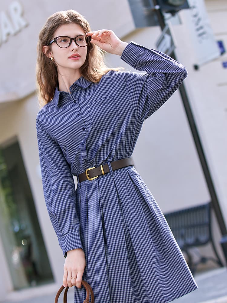 レディースシャツ 格子柄シャツワンピース ベルト付き