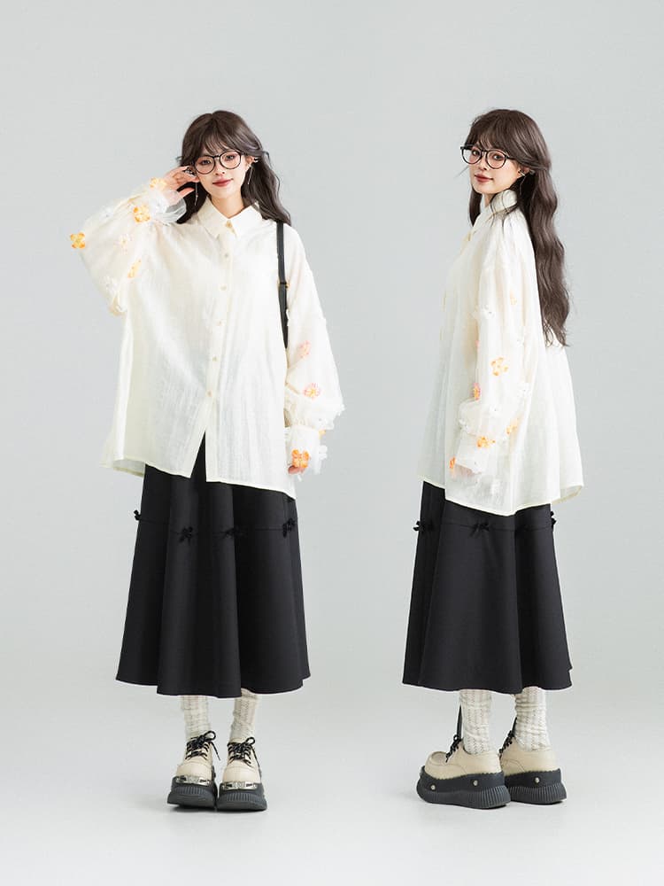レディースシャツ 花びら装飾ふんわり袖シャツワンピース