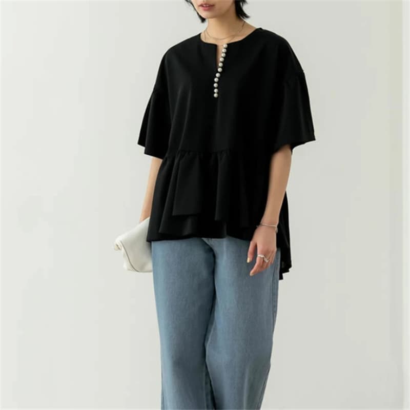 レディースシャツ 半袖 春夏新作 パール釦ペプラム半袖シャツ 体型カバー レディース